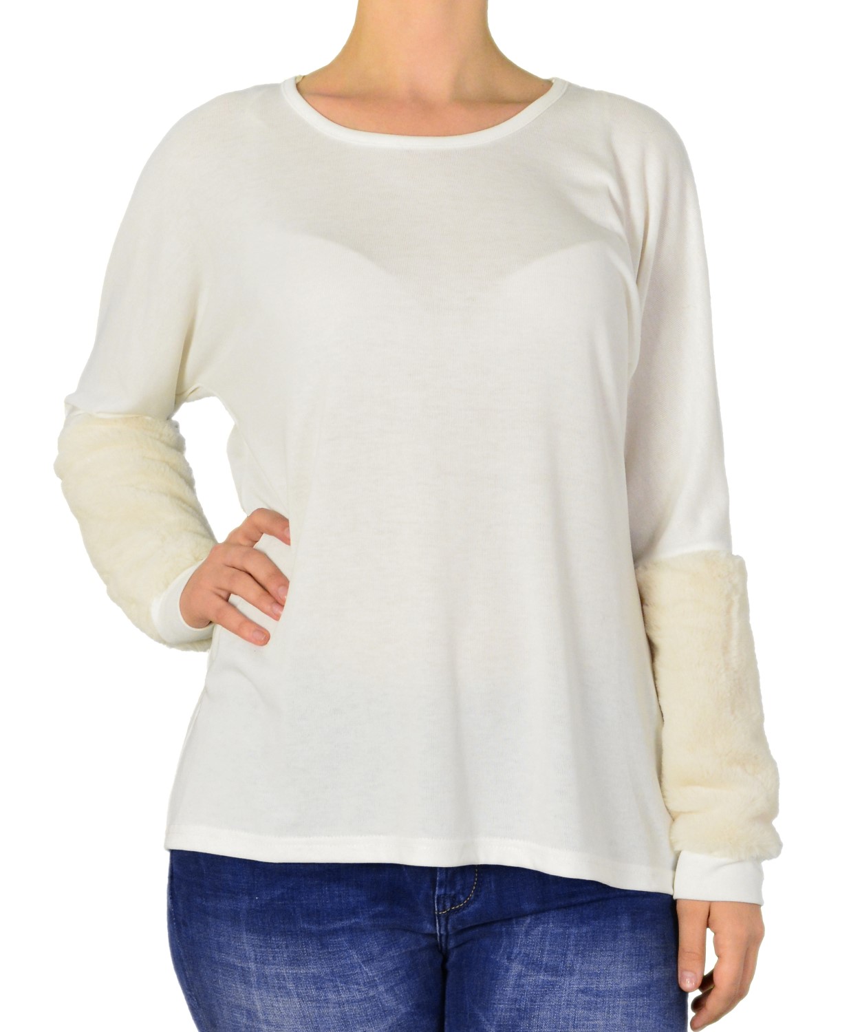 Γυναικεία μακρυμάνικη μπλούζα λευκή με γούνινα μανίκια 2170127F
